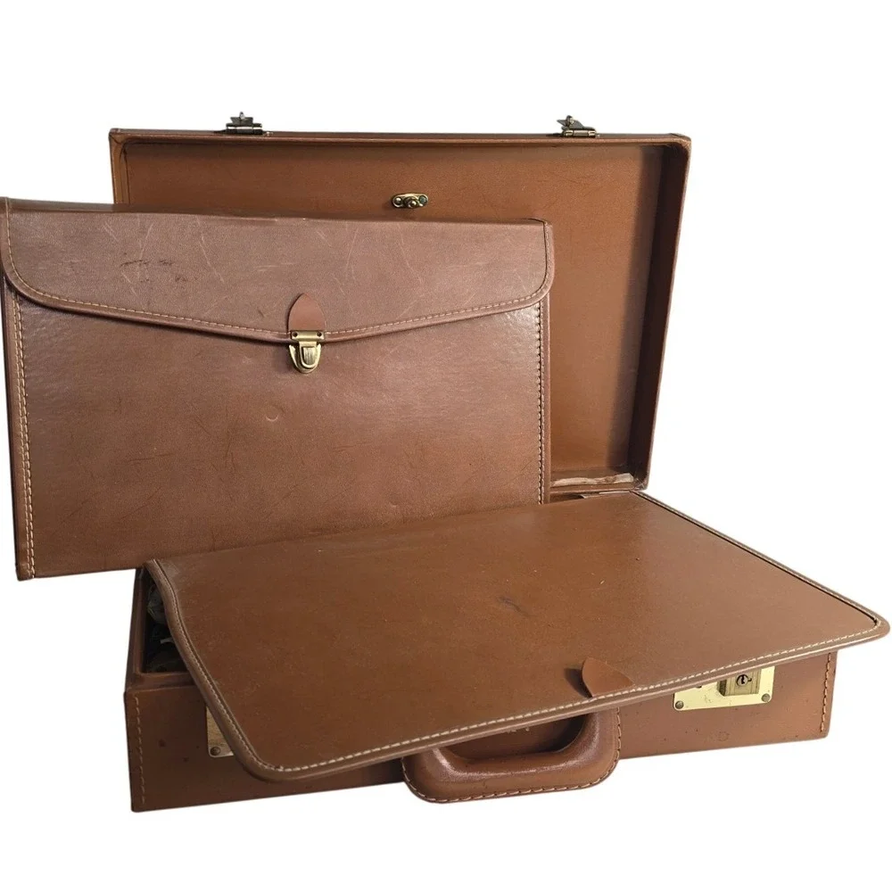Vintage Tan Faux Leather Briefcase Monogrammed JRF with Drafting Supplies Kit‎